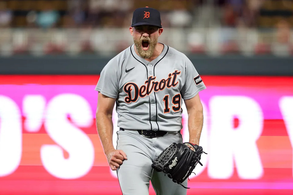 Will Vest of the Detroit Tigers celebrates against the Minnesota Twins during the eighth inning at Target Field in Minneapolis on Saturday, Aug. 16, 2025.