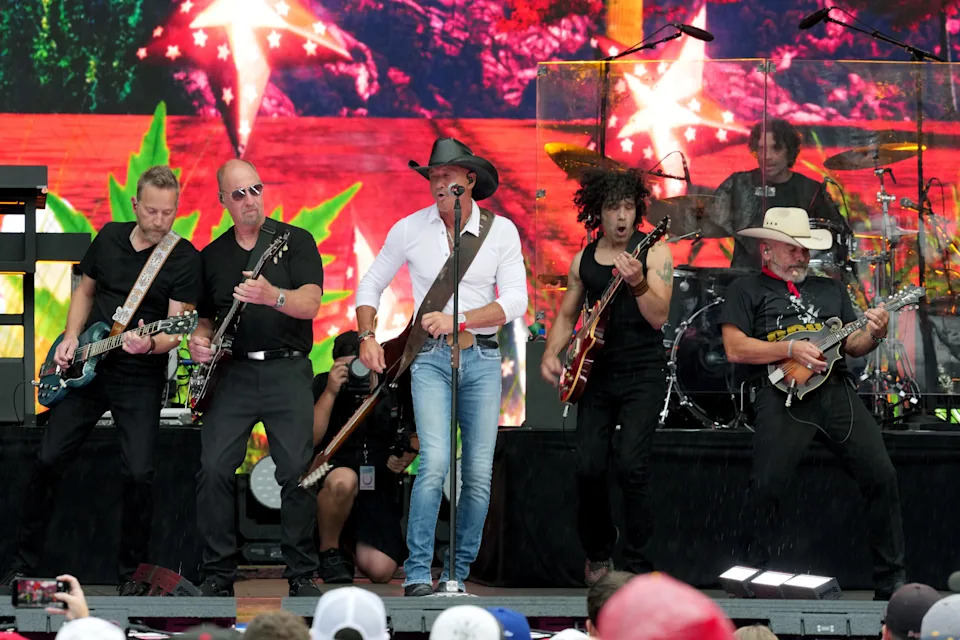 Tim McGraw performs prior to the MLB Speedway Classic between the Atlanta Braves and the Cincinnati Reds at Bristol Motor Speedway.