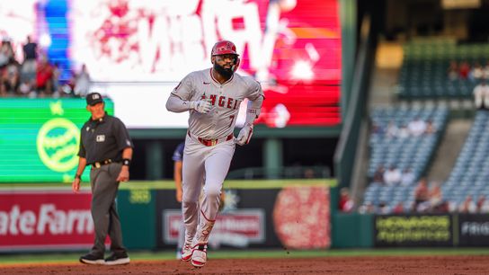Joe Adell #7 of the Los Angeles Angels runs to home plate after his home-run against the Tampa Bay Rays at Angel Stadium of Anaheim on August 4, 2025 in Anaheim, California.