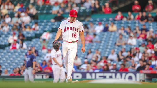 Yusei Kikuchi #16 of the Los Angeles Angels against the Tampa Bay Rays at Angel Stadium of Anaheim on August 4, 2025 in Anaheim, California.