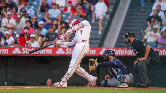 Joe Adell #7 of the Los Angeles Angels hits a home-run against the Tampa Bay Rays at Angel Stadium of Anaheim on August 4, 2025 in Anaheim, California.