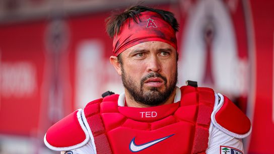 Travis d'Arnaud #25 of the Los Angeles Angels against the Tampa Bay Rays at Angel Stadium of Anaheim on August 4, 2025 in Anaheim, California.