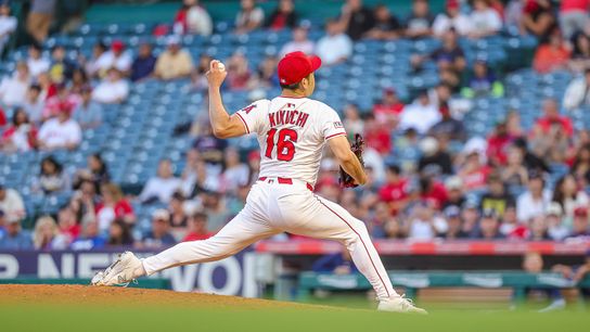 Yusei Kikuchi #16 of the Los Angeles Angels pitching against the Tampa Bay Rays at Angel Stadium of Anaheim on August 4, 2025 in Anaheim, California.