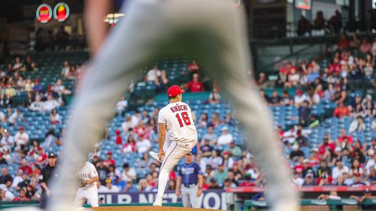 Yusei Kikuchi #16 of the Los Angeles Angels pitching against the Tampa Bay Rays at Angel Stadium of Anaheim on August 4, 2025 in Anaheim, California.