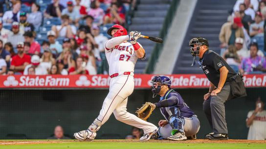 Mike Trout #27 of the Los Angeles Angels get a hit against the Tampa Bay Rays at Angel Stadium of Anaheim on August 4, 2025 in Anaheim, California.