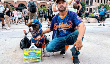 Outside Mets’ Citi Field, fans pay to pose with a dressed-up dog; some say it’s animal abuse