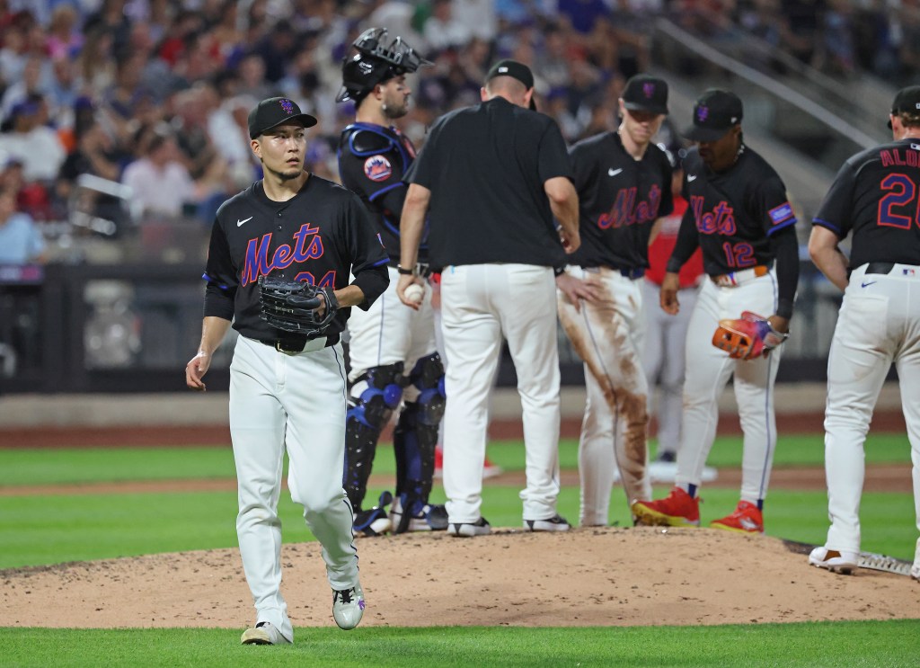 Kodai Senga walks off the mound after getting pulled in the sixth inning.