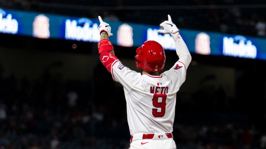 Los Angeles Angels infielder Zach Neto (9) celebrates the RBI during an MLB game against the Cincinnati Reds, Tuesday August 19th, 2025 in Anaheim, California.