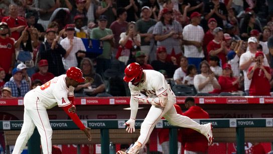 Los Angeles Angels outfielder Jo Adell (7) celebrates his first home run of the game during an MLB game against the Cincinnati Reds, Tuesday August 19th, 2025 in Anaheim, California. 