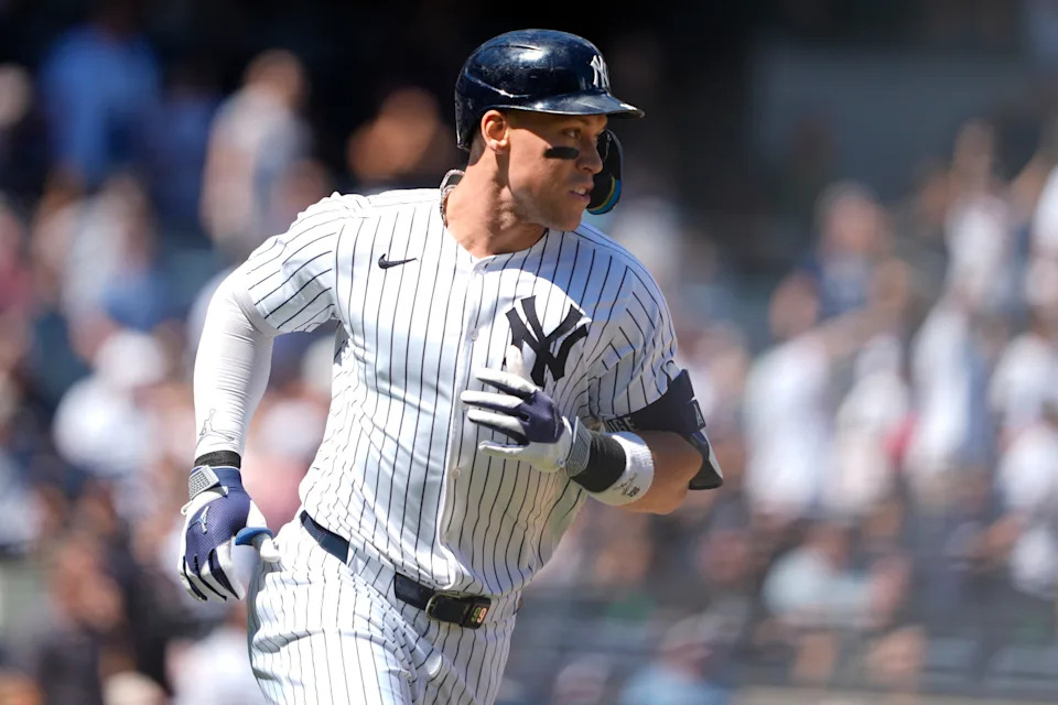 Aug 27, 2025; Bronx, New York, USA; New York Yankees designated hitter Aaron Judge (99) rounds the bases after hitting a two run home run against the Washington Nationals during the third inning at Yankee Stadium. Mandatory Credit: Gregory Fisher-Imagn Images