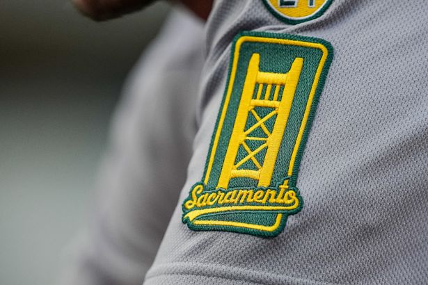 A detail of a patch with Sacramentro on the Athletics uniform during the game against the Detroit Tigers at Comerica Park on June 25, 2025 in Detroit, Michigan