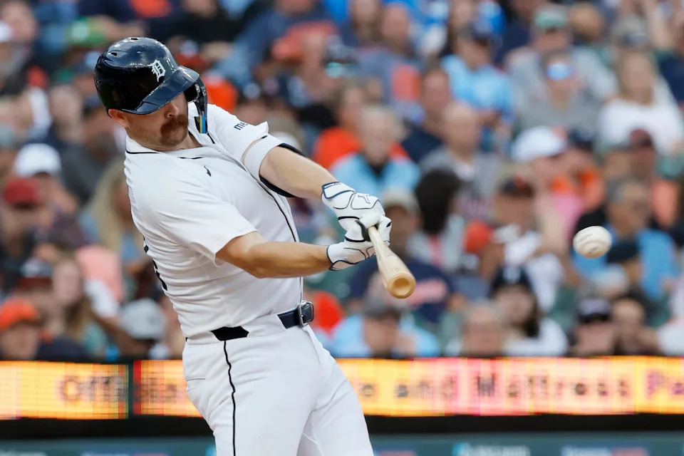 Jake Rogers of the Detroit Tigers singles to drive in Zach McKinstry against the Kansas City Royals during the fifth inning at Comerica Park in Detroit on Aug. 23, 2025.