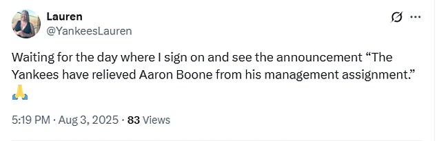 A collection of social media messages from Yankees fans wanting Aaron Boone to be fired