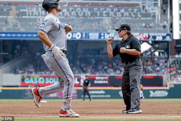 Pawol calls Jakob Marsee out at first base during the second inning of the game in Atlanta