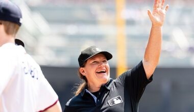 Jen Pawol waves to the fans in Georgia ahead of her first appearance as an MLB umpire