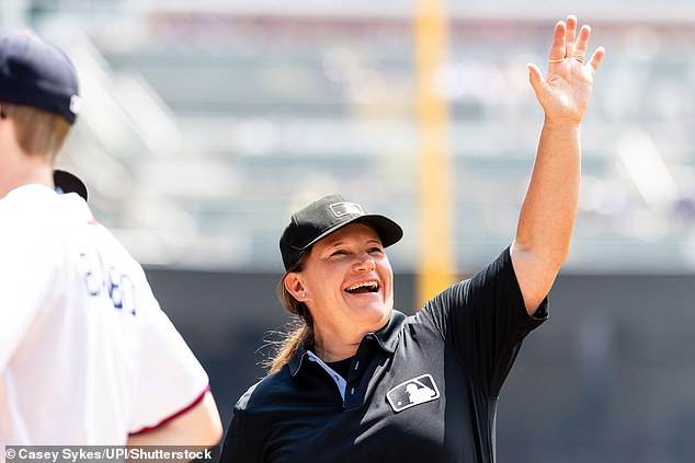 Jen Pawol waves to the fans in Georgia ahead of her first appearance as an MLB umpire