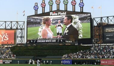 Two lifelong Chicago White Sox fans exchange wedding vows during a 60-second wedding officiated by former White Sox player and 1983 rookie of the year Ron Kittle