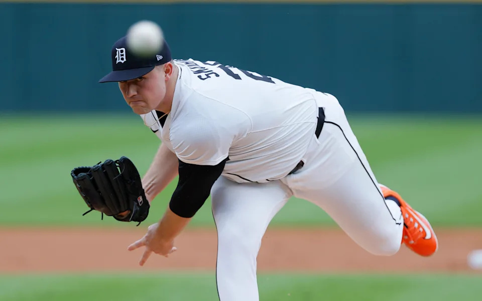 Tarik Skubal throws a warm-up pitch before a game last month. (Duane Burleson/Getty Images)