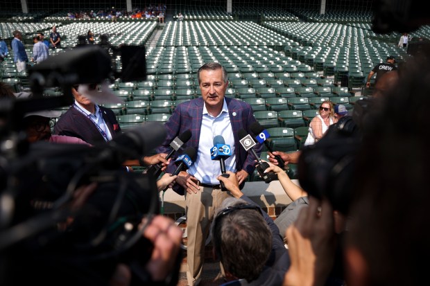 Cubs Chairman Tom Ricketts answers questions Friday, Aug. 1, 2025, at Wrigley Field after a ceremony announcing the ballpark will host the 2027 All-Star Game. (Eileen T. Meslar/Chicago Tribune)