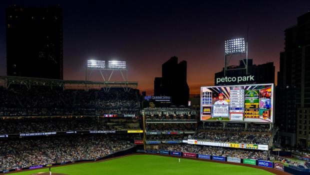 The sun sets as the Padres play the St. Louis Cardinals in the fourth inning at Petco Park on Saturday, Aug. 2, 2025 in San Diego, CA. (Meg McLaughlin / The San Diego Union-Tribune)