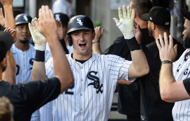 White Sox third baseman Colson Montgomery celebrates his two-run home run in the third inning against the Phillies on Monday, July 28, 2025, at Rate Field. (Dominic Di Palermo/Chicago Tribune)