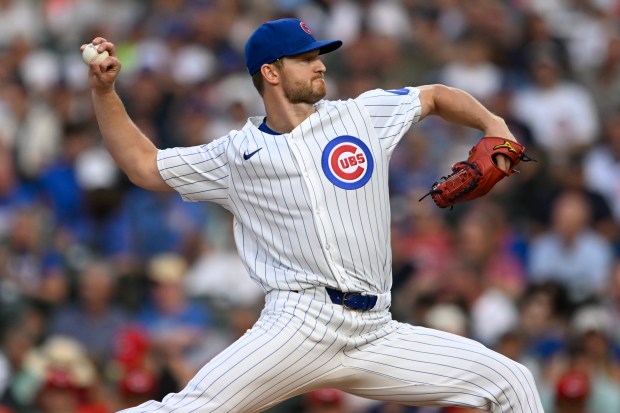 Cubs starter Michael Soroka pitches during the first inning against the Reds on Monday, Aug. 4, 2025, at Wrigley Field. (AP Photo/Paul Beaty)