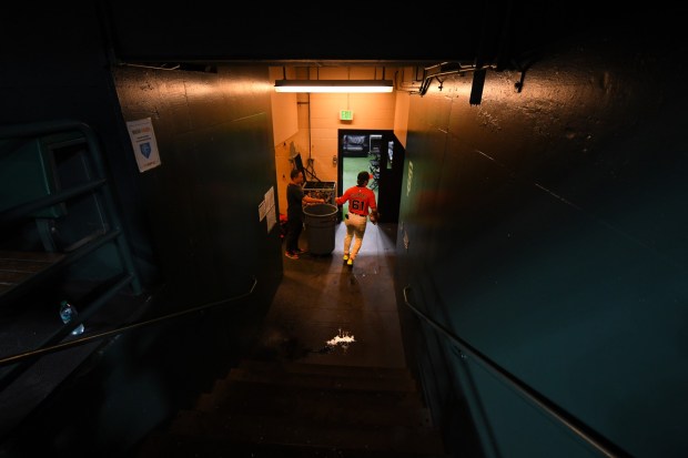 San Francisco Giants' Drew Gilbert (61) heads to the locker room after playing in his first MLB game at Oracle Park in San Francisco, Calif., on Friday, Aug. 8, 2025. The San Francisco Giants defeated the Washington Nationals 5-0. (Jose Carlos Fajardo/Bay Area News Group)