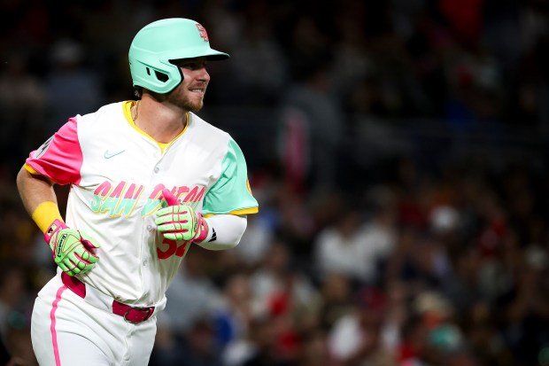 Ryan O'Hearn #32 of the San Diego Padres walks to first base after being hit by a pitch during the sixth inning against the St. Louis Cardinals at Petco Park on Friday, Aug. 1, 2025 in San Diego, CA. (Meg McLaughlin / The San Diego Union-Tribune)