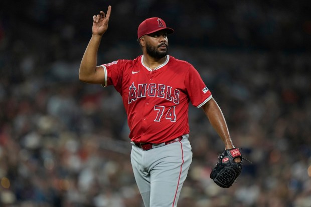 Angels relief pitcher Kenley Jansen gestures after Detroit Tigers pinch...
