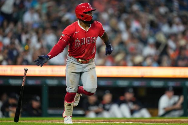 Angels’ Luis Rengifo watches his solo home run during the...