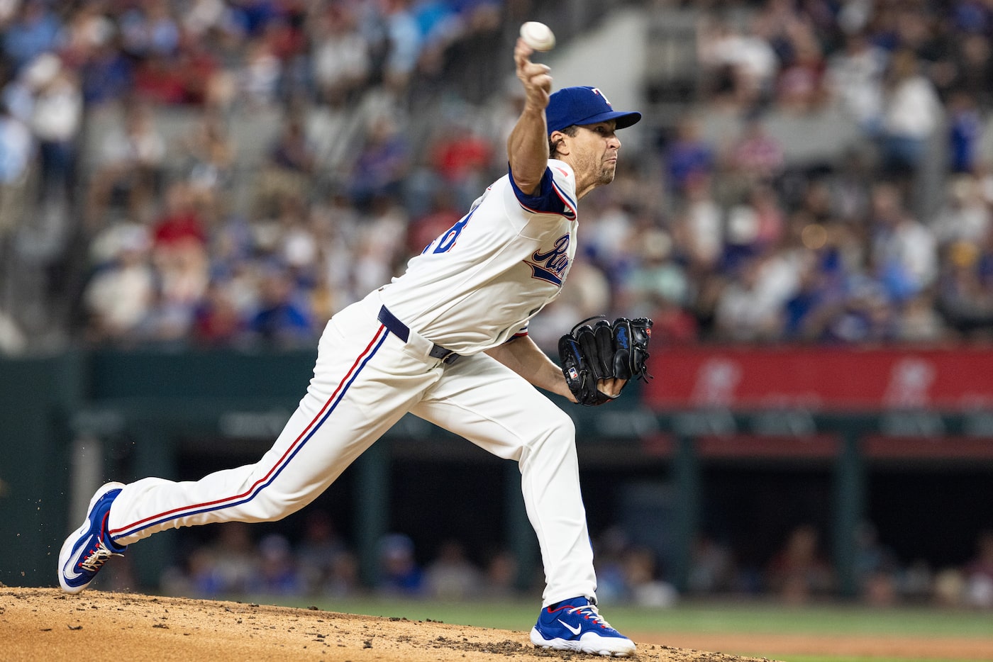 Rangers pitcher Jacob deGrom throws a pitch during the game against the Phillies on...