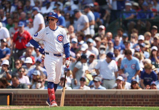 Chicago Cubs outfielder Pete Crow-Armstrong walks off after striking out to end the seventh inning against the Cincinnati Reds on Wednesday, Aug. 6, 2025, at Wrigley Field. (Brian Cassella/Chicago Tribune)
