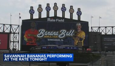 Savannah Bananas baseball team playing sold-out games at Rate Field in Chicago as part of 2025 world tour