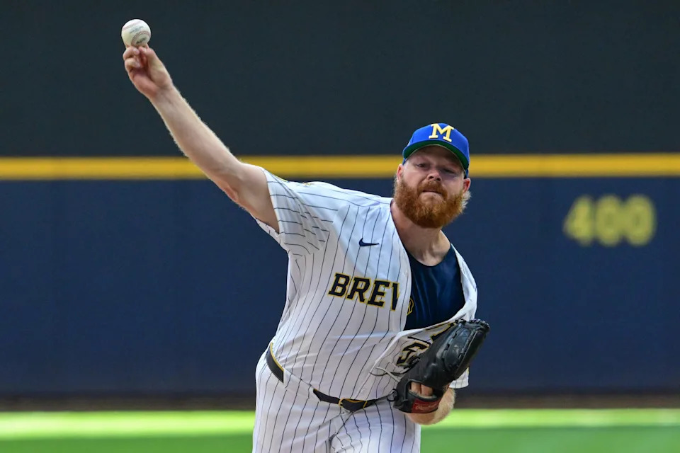 Jul 27, 2025; Milwaukee, Wisconsin, USA; Milwaukee Brewers starting pitcher Brandon Woodruff (53) throws a pitch in the first inning against the Miami Marlins at American Family Field. Mandatory Credit: Benny Sieu-Imagn Images