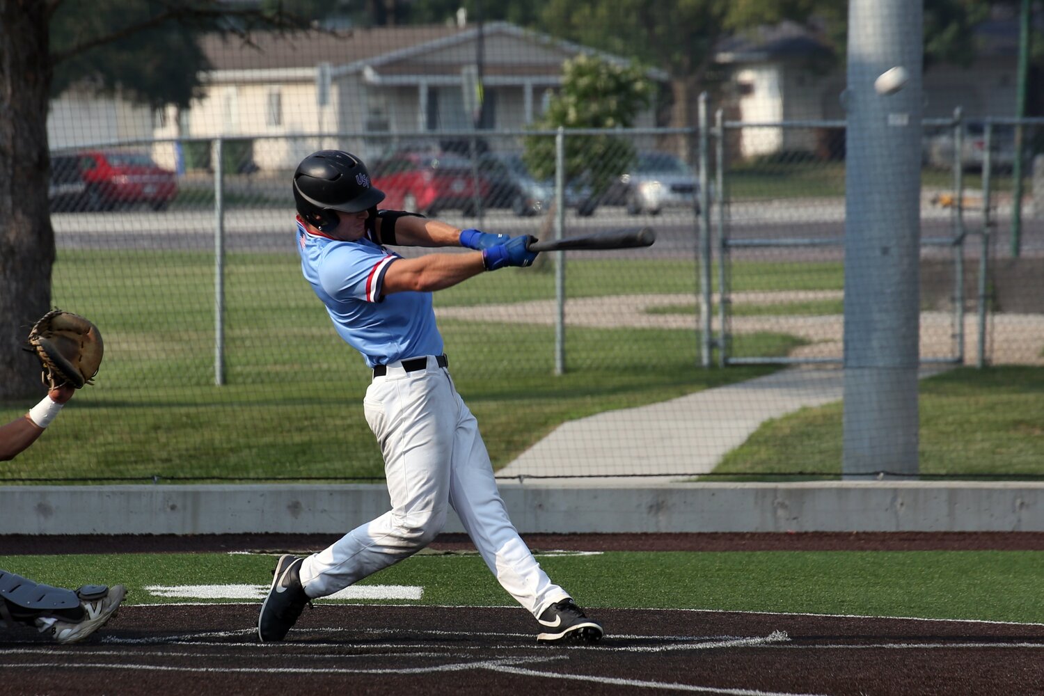 Brookings’ Myles Rees hits a home run during a 10-0 win over Baltic on Friday night at Bob Shelden Field in Brookings. The Cubs won game two 15-2.