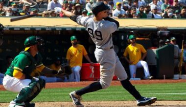 The Yankees’ Aaron Judge belts a ninth-inning home run against the Athletics at RingCentral Coliseum in Oakland, California, on Aug. 28, 2021.