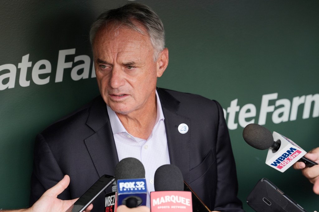 Rob Manfred speaking to reporters.