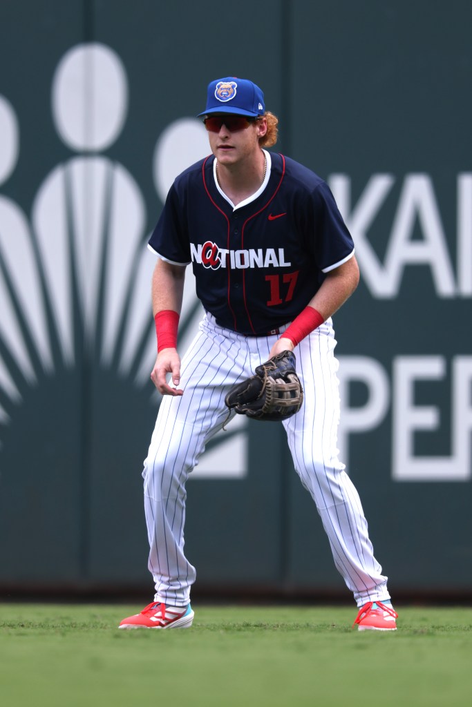 Owen Caissie #17 of the Chicago Cubs looks on in the first inning during the 2025 All-Star Futures Game at Truist Park on July 12, 2025 in Atlanta, Georgia.