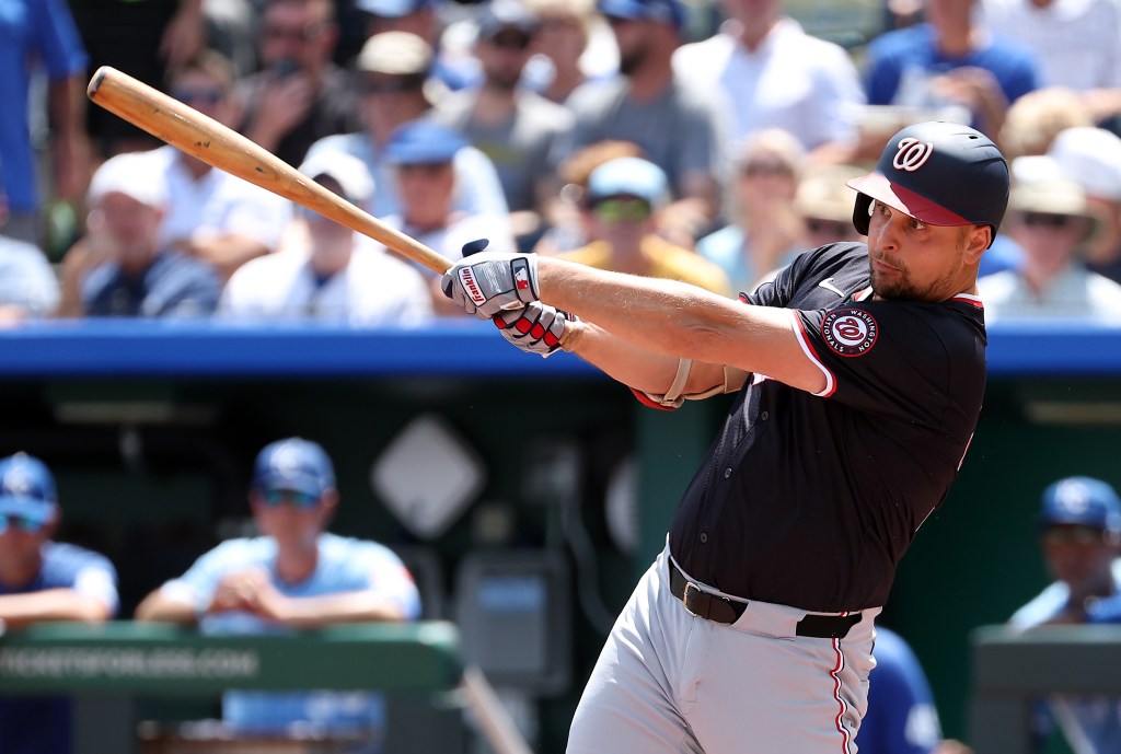 Nathaniel Lowe #33 of the Washington Nationals hits a grand slam during the first inning of the game against the Kansas City Royals at Kauffman Stadium on August 13, 2025 in Kansas City, Missouri. 