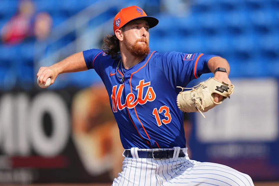 New York Mets pitcher Nolan McLean participates in the Spring Breakout game against the Washington Nationals on March 12, 2025, at Clover Park.