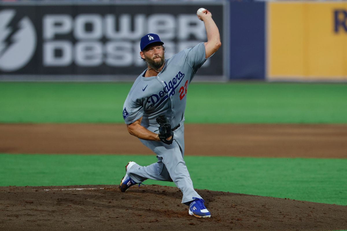 Clayton Kershaw #22 of the Los Angeles Dodgers throws a pitch against the Tampa Bay Rays at George M. Steinbrenner Field on August 01, 2025 in Tampa, Florida.