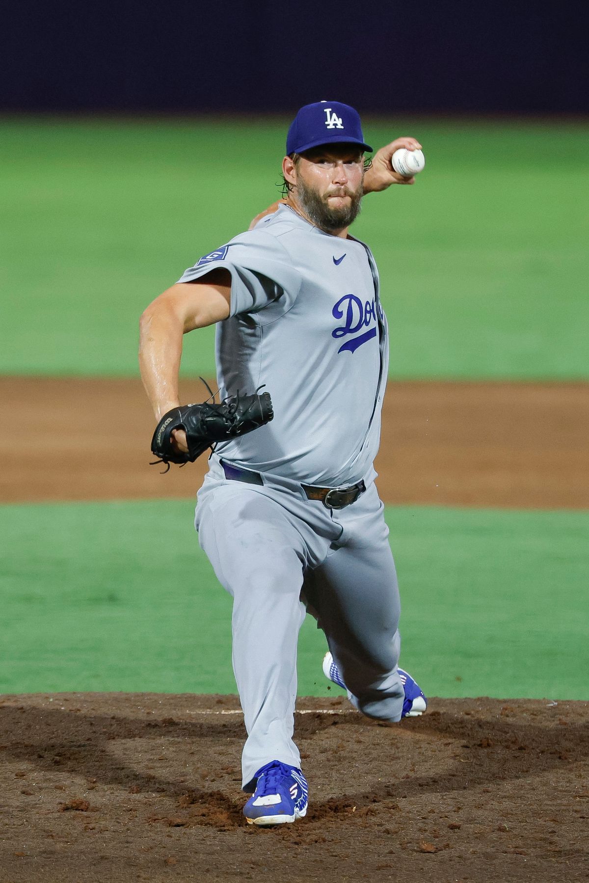 Clayton Kershaw #22 of the Los Angeles Dodgers throws a pitch against the Tampa Bay Rays at George M. Steinbrenner Field on August 01, 2025 in Tampa, Florida.