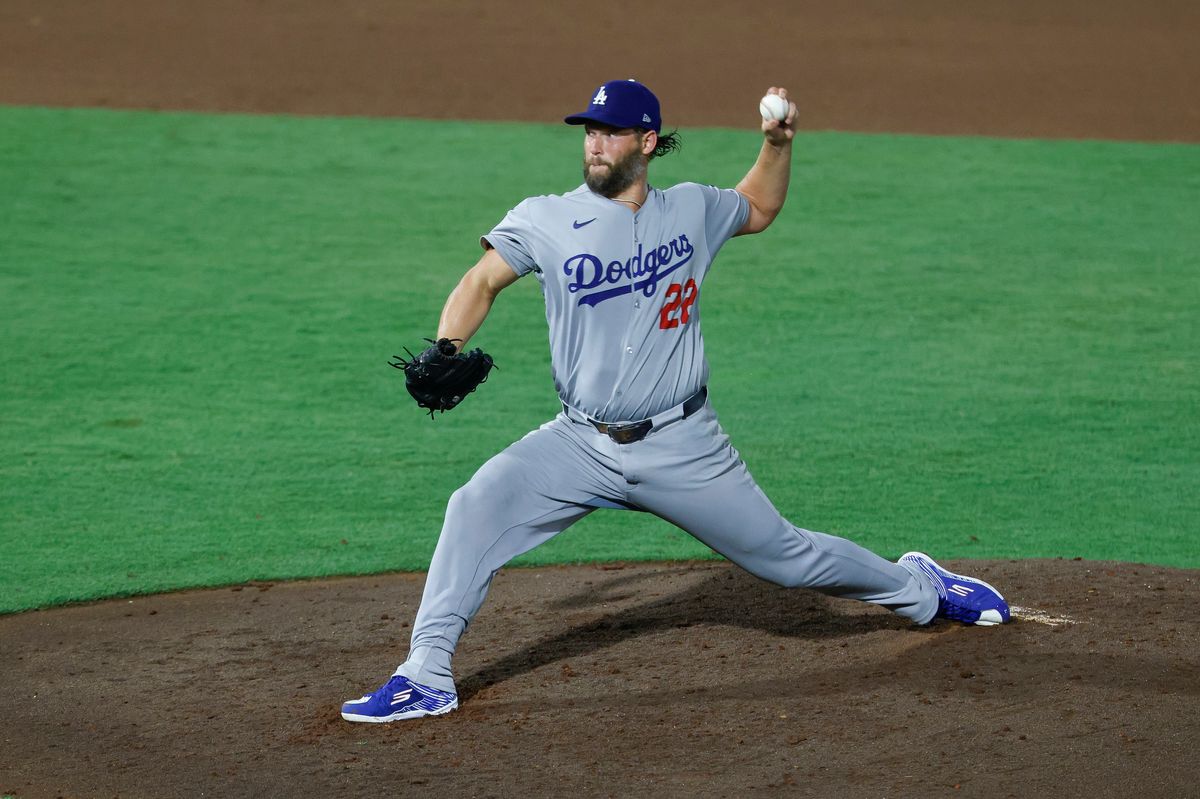 Clayton Kershaw #22 of the Los Angeles Dodgers throws a pitch against the Tampa Bay Rays at George M. Steinbrenner Field on August 01, 2025 in Tampa, Florida.