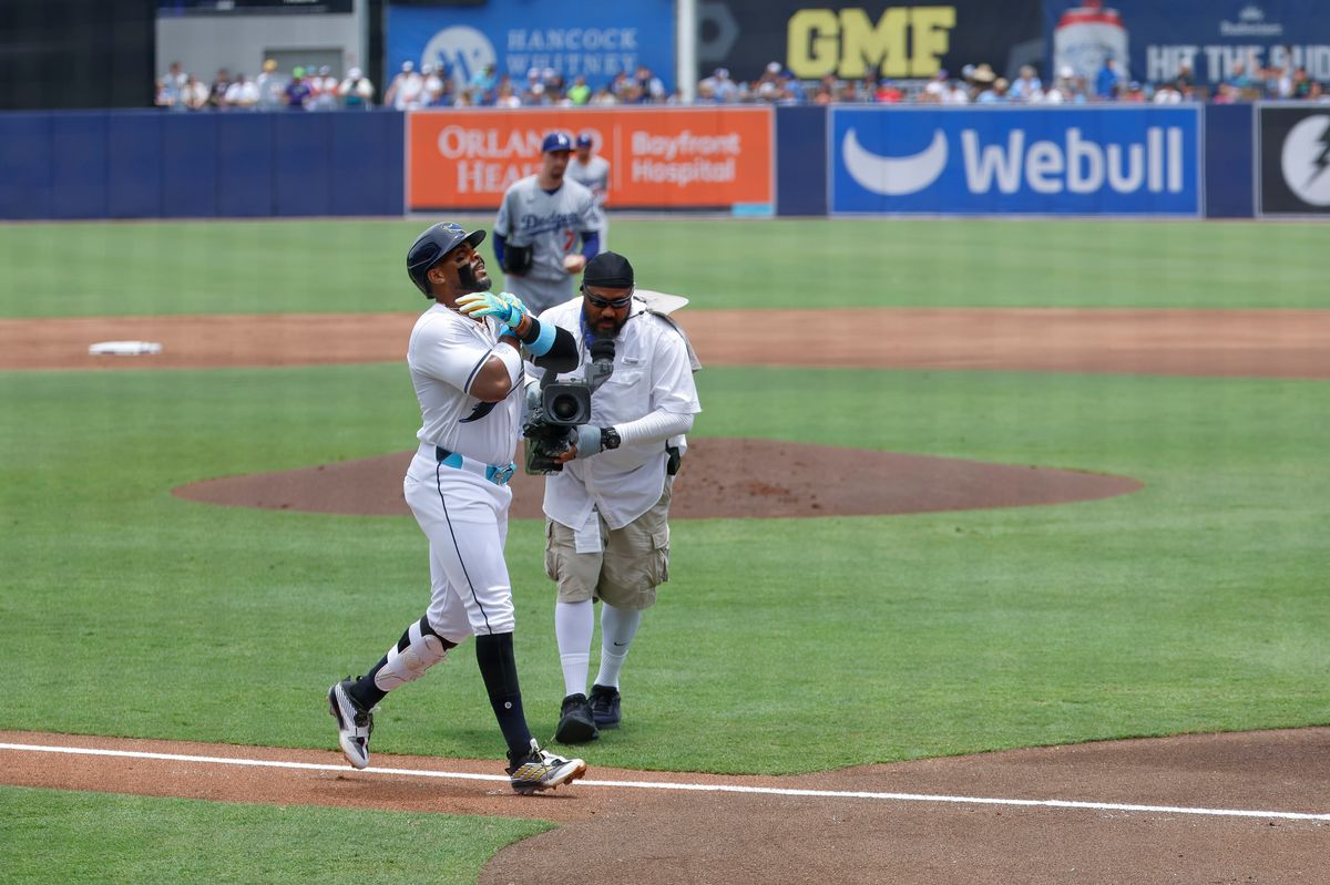 Yandy Diaz #2 of the Tampa Bay Rays celebrates a home run against the Los Angeles Dodgers at George M. Steinbrenner Field on August 02, 2025 in Tampa, Florida.