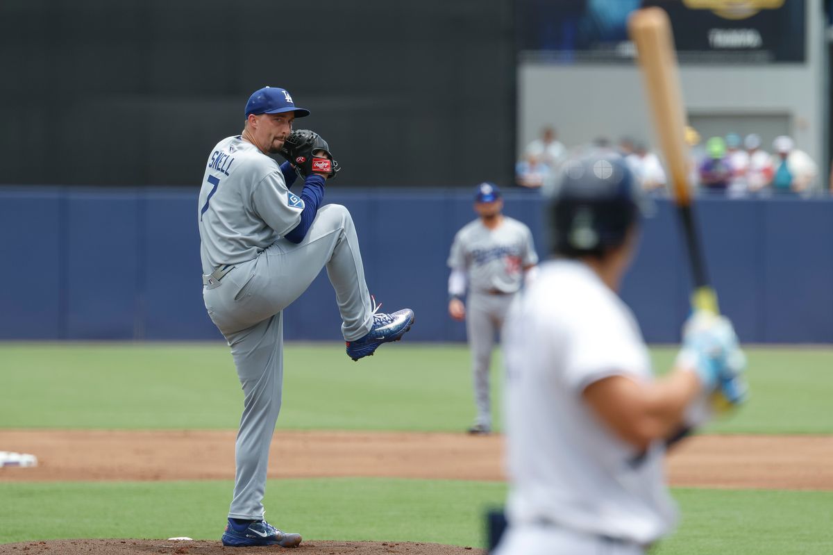Blake Snell #7 of the Los Angeles Dodgers pitches against the Tampa Bay Rays at George M. Steinbrenner Field on August 02, 2025 in Tampa, Florida.