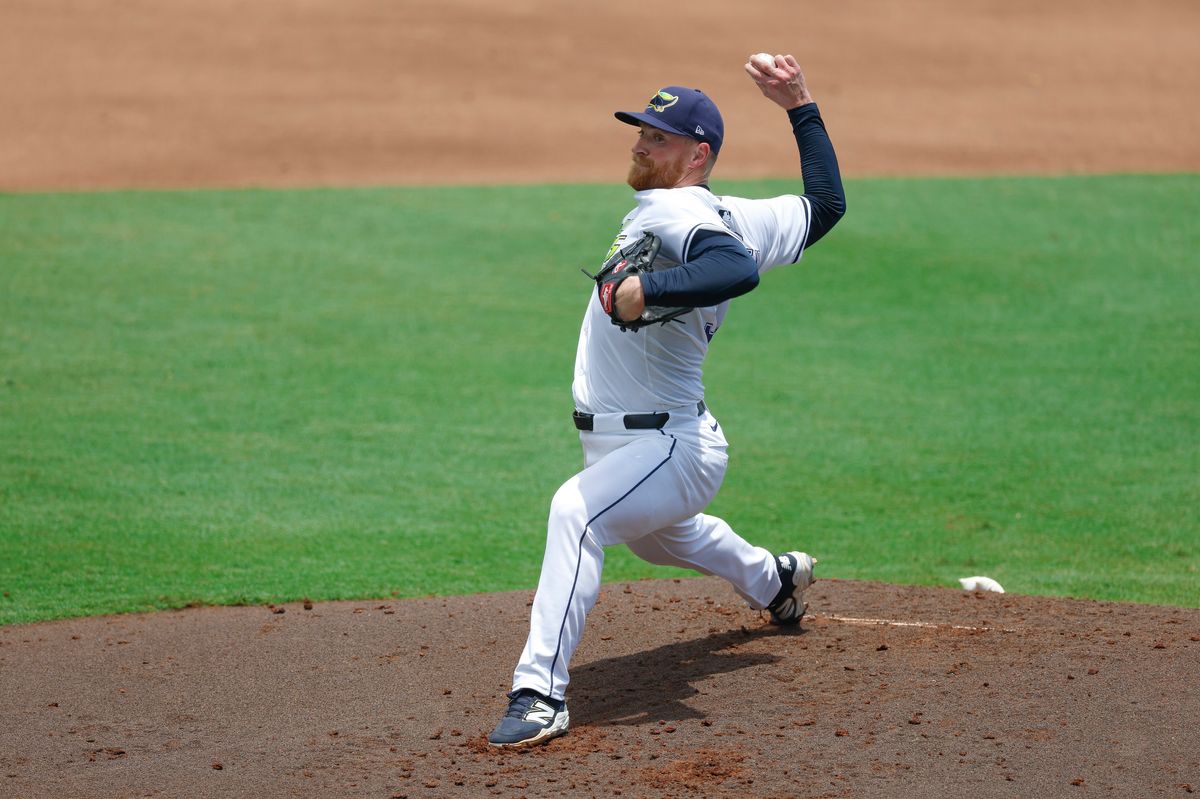 Drew Rasmussen #57 of the Tampa Bay Rays pitches against the Los Angeles Dodgers at George M. Steinbrenner Field on August 02, 2025 in Tampa, Florida.