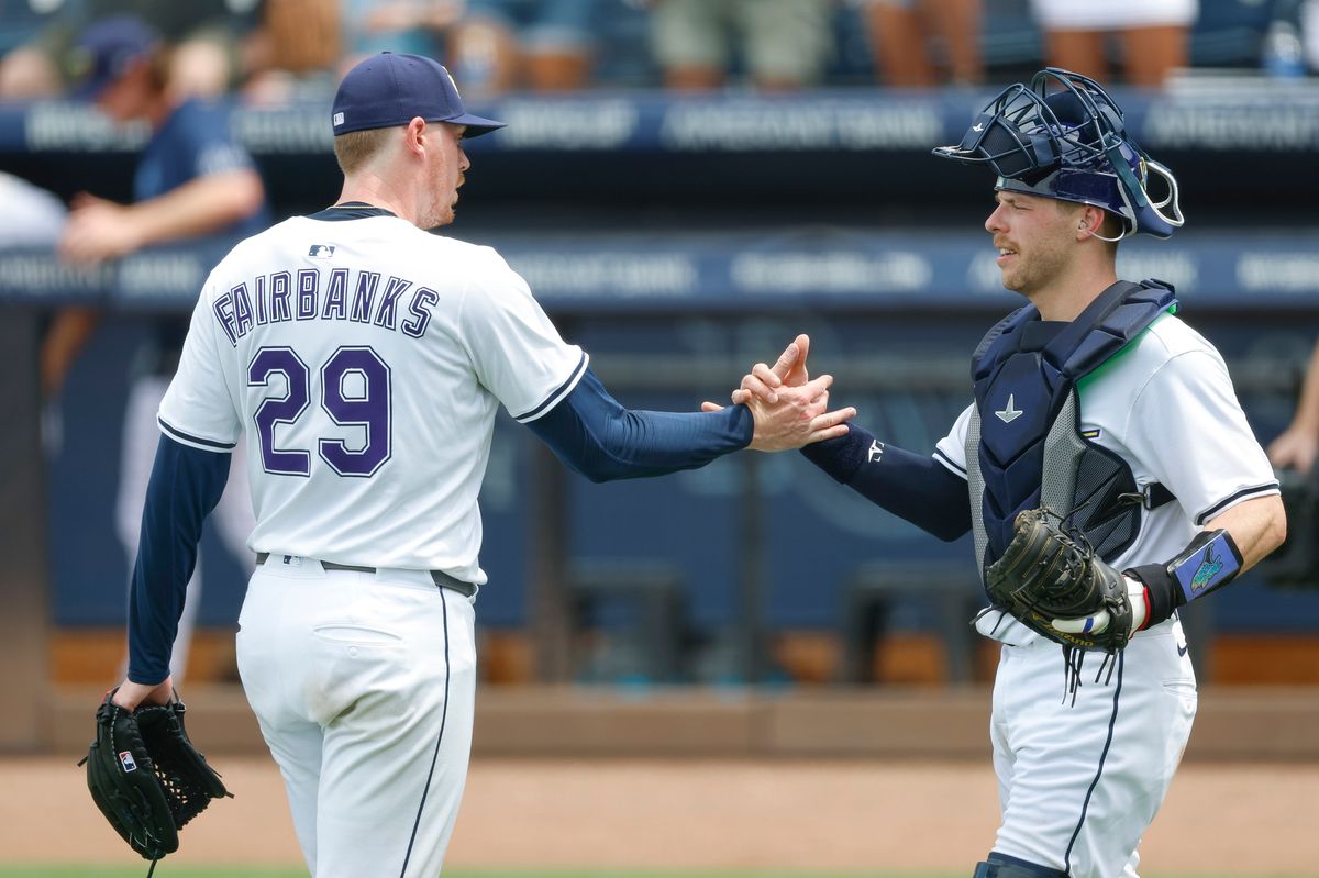Pete Fairbanks #29 of the Tampa Bay Rays celebrates a team victory over the Los Angeles Dodgers at George M. Steinbrenner Field on August 02, 2025 in Tampa, Florida.
