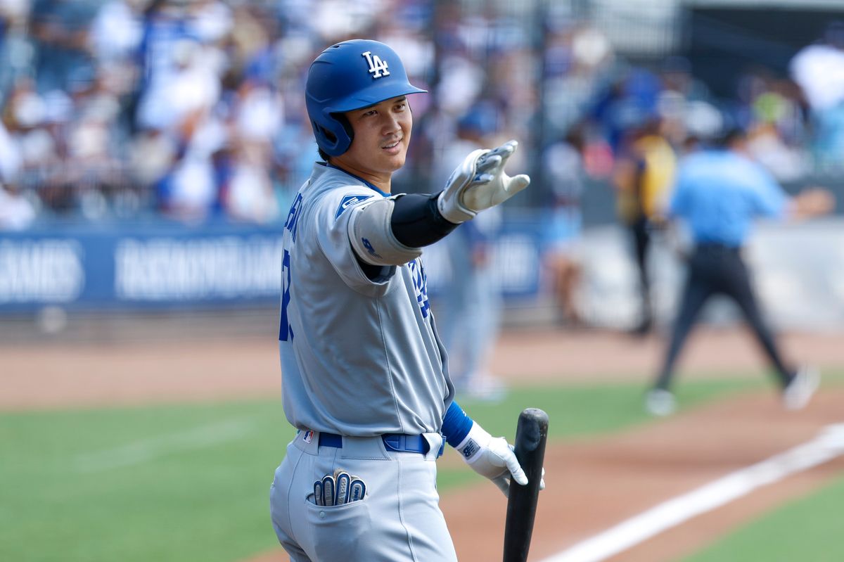 Shohei Ohtani #17 of the Los Angeles Dodgers gestures against the Tampa Bay Rays at George M. Steinbrenner Field on August 03, 2025 in Tampa, Florida.