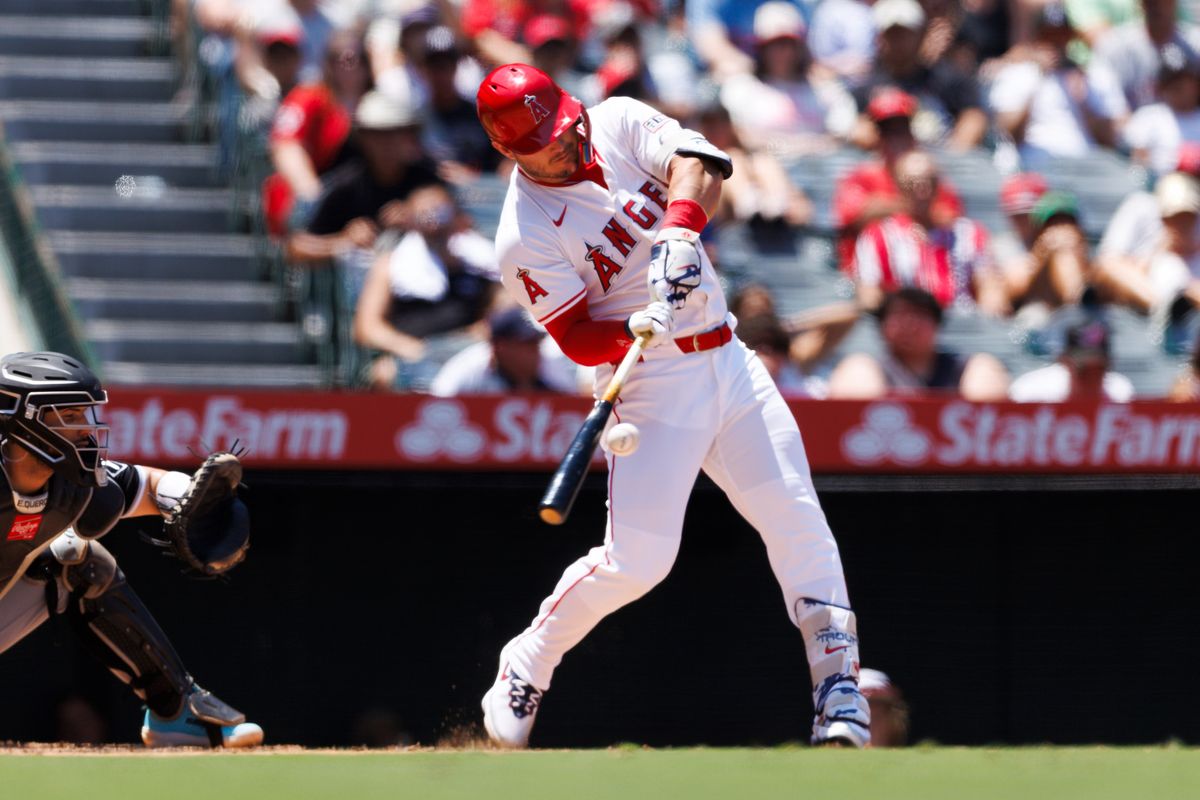 Mike Trout #27 of the Los Angeles Angels hits during the game against the Chicago White Sox at Angel Stadium of Anaheim on August 3, 2025 in Anaheim, California.