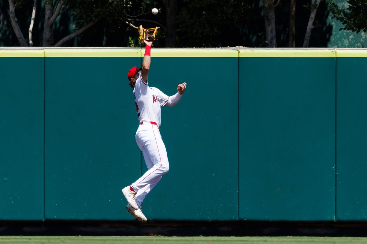 Bryce Teodosio #22 of the Los Angeles Angels catches the ball during the game against the Chicago White Sox at Angel Stadium of Anaheim on August 3, 2025 in Anaheim, California.